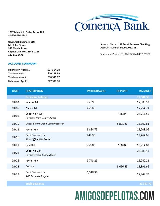 Realista Comerica Bank Business Statement Modelo Word e PDF